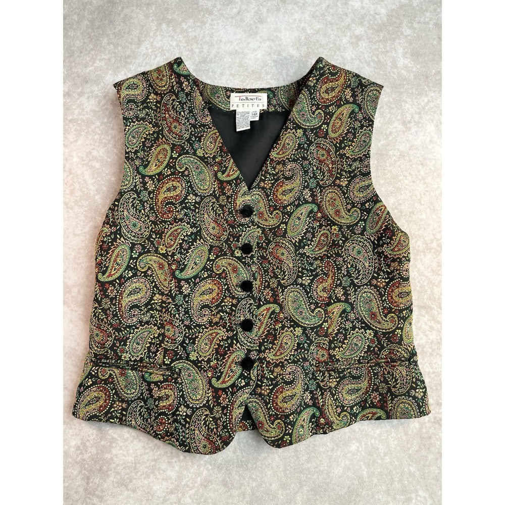 Vintage Talbots Tapestry Vest Women's 14P Paisley Brown Green Red